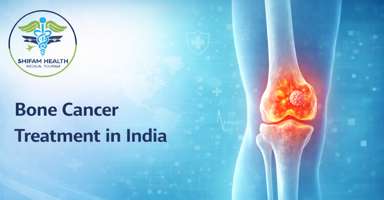 3D medical illustration of knee joint highlighting bone tumor for bone cancer treatment in India.