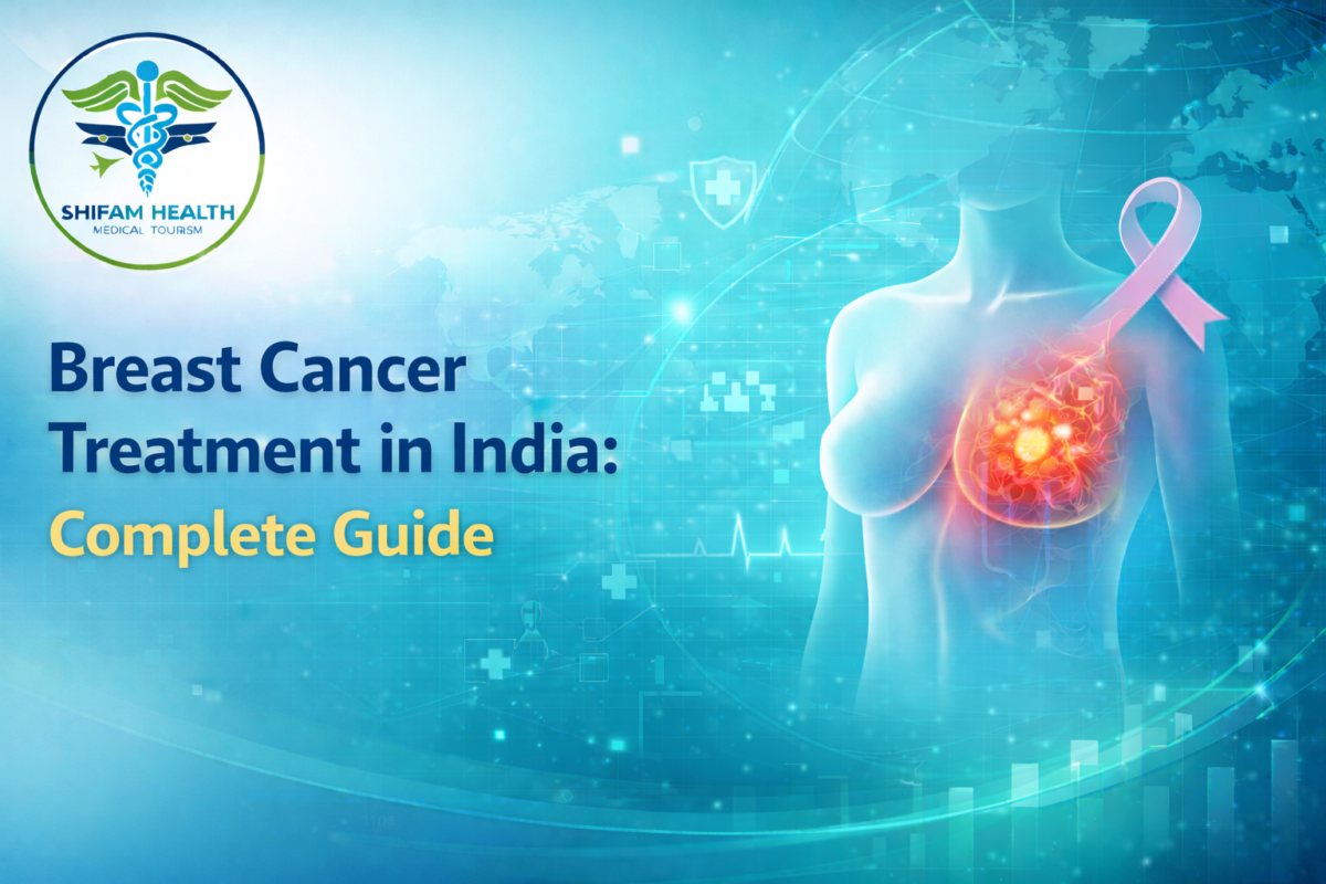 Medical illustration of female torso highlighting breast tumor for breast cancer treatment in India complete guide.