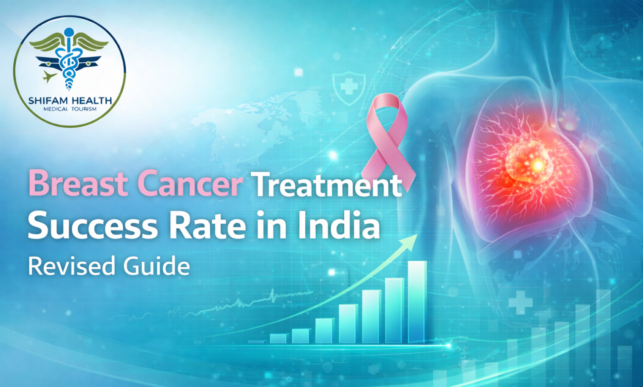 Medical illustration of highlighted breast tumor and awareness ribbon representing breast cancer treatment success rate in India.