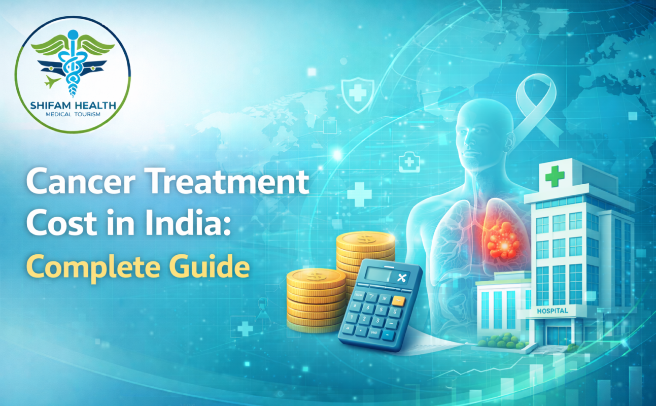 Medical infographic showing cancer treatment cost in India with hospital illustration, calculator, and oncology visual.