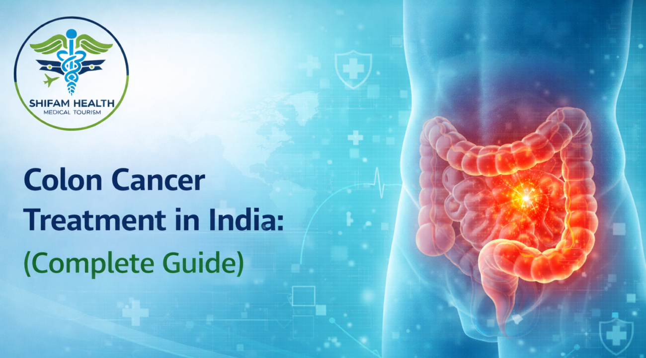 Medical illustration of human colon highlighting tumor area for colon cancer treatment in India complete guide.