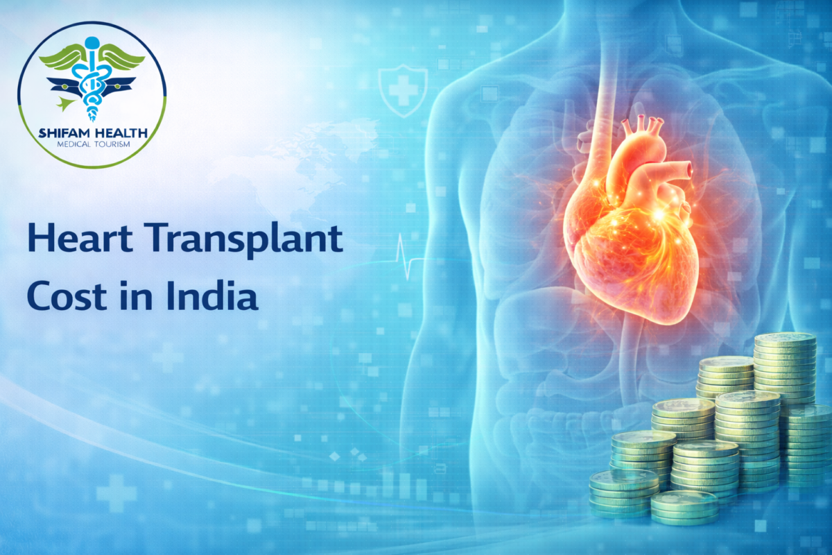 Medical illustration of human heart highlighting transplant procedure and cost in India.