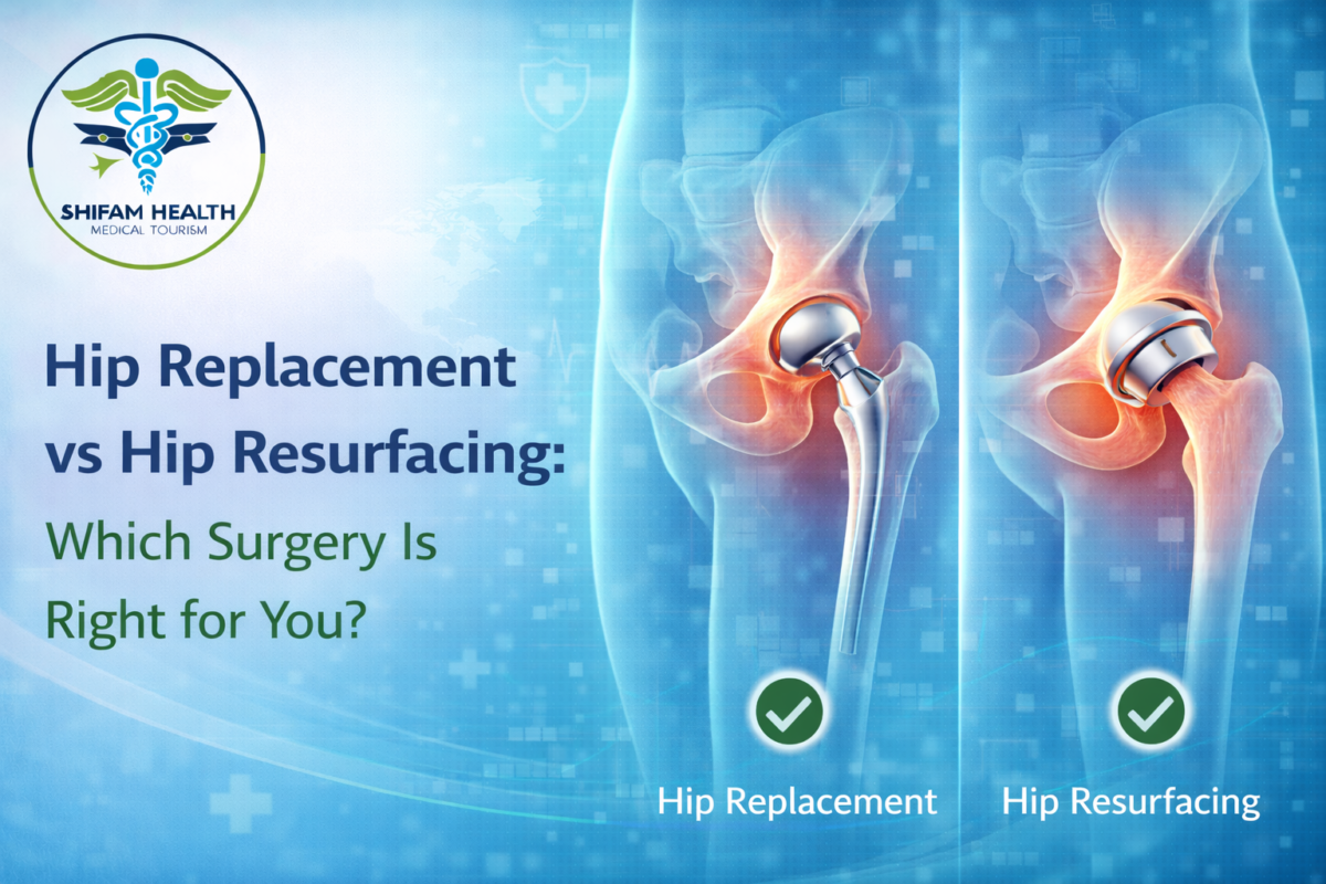 Medical illustration comparing hip replacement and hip resurfacing surgery with prosthetic implants.