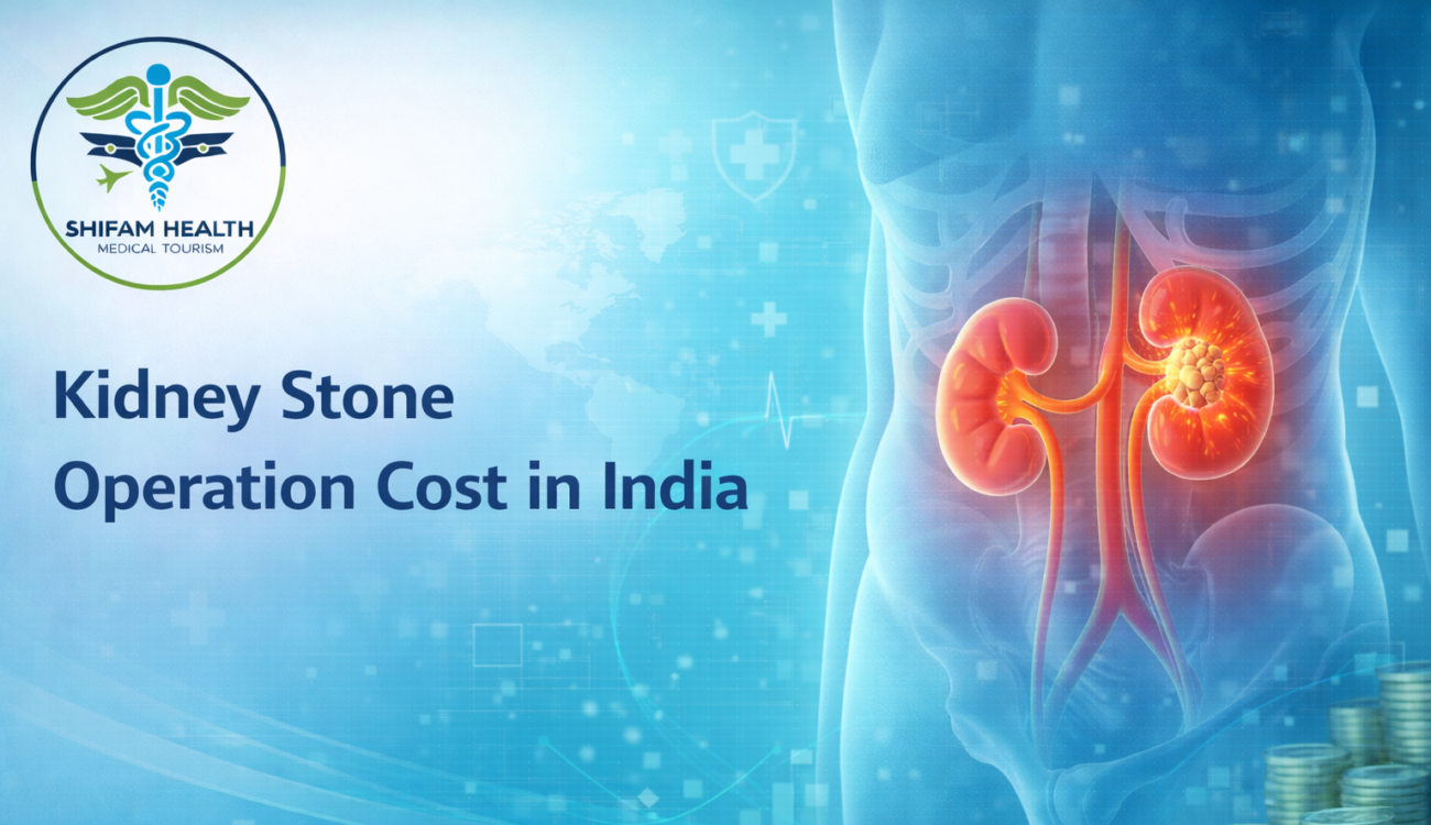 Medical illustration of kidneys with kidney stone highlighting operation cost in India.