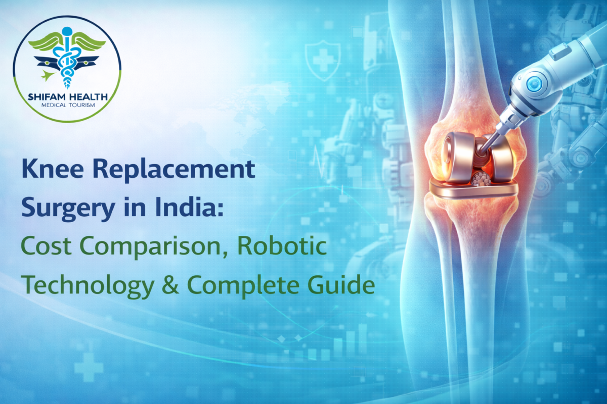 3D medical illustration of knee joint with robotic-assisted knee replacement surgery in India cost comparison guide.