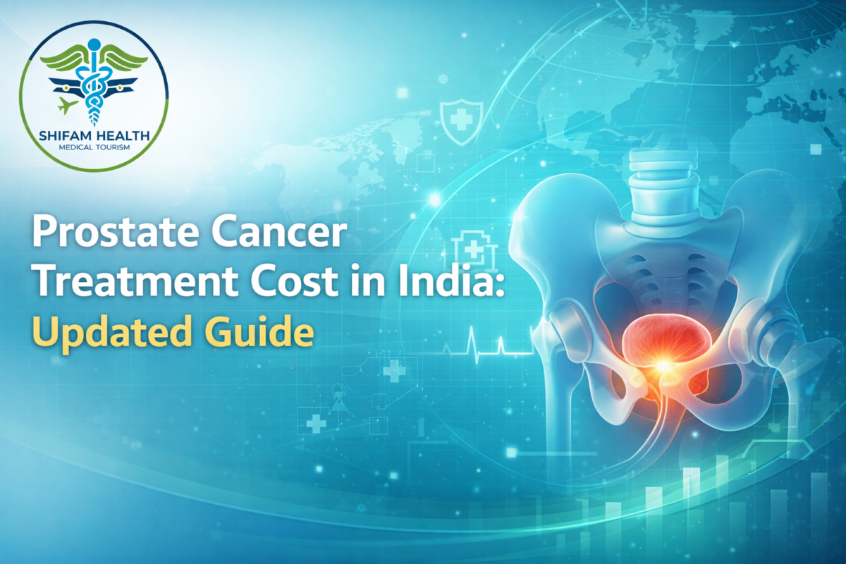 Medical 3D illustration of male pelvic anatomy highlighting the prostate gland for prostate cancer treatment cost in India guide.