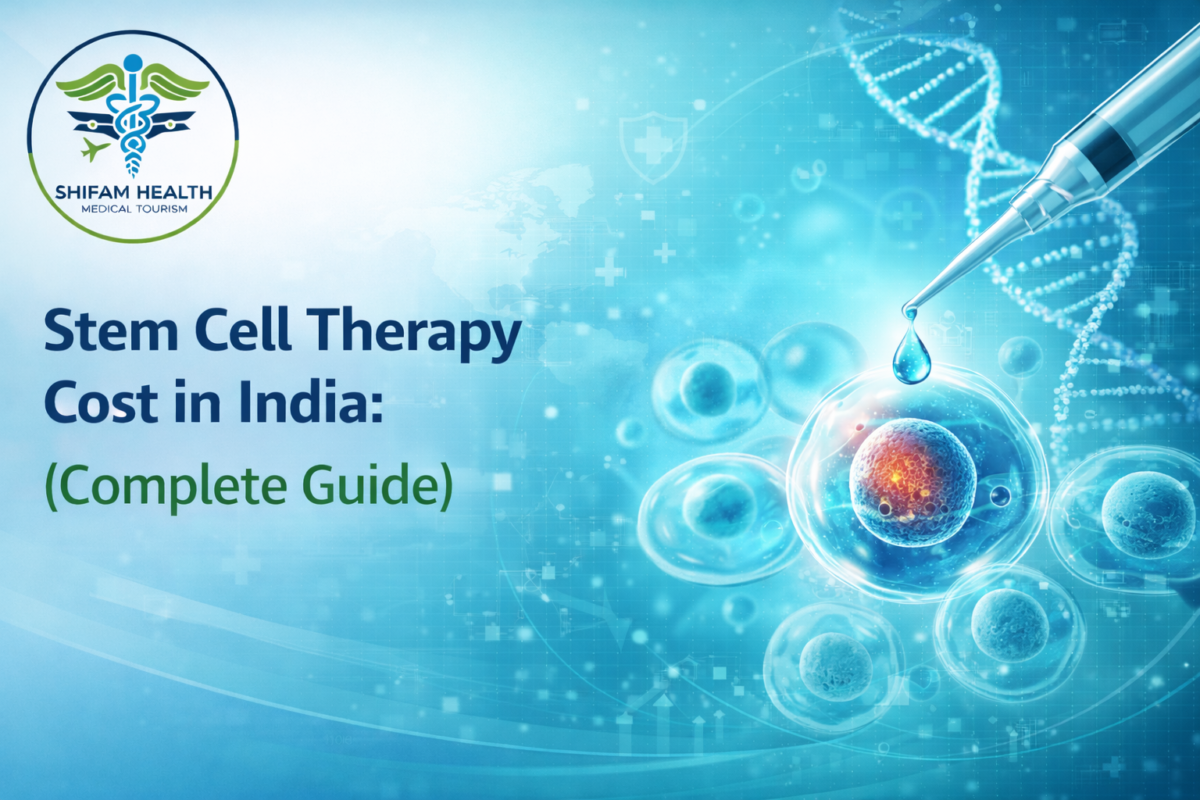 Medical illustration of stem cells and DNA helix representing stem cell therapy cost in India complete guide.