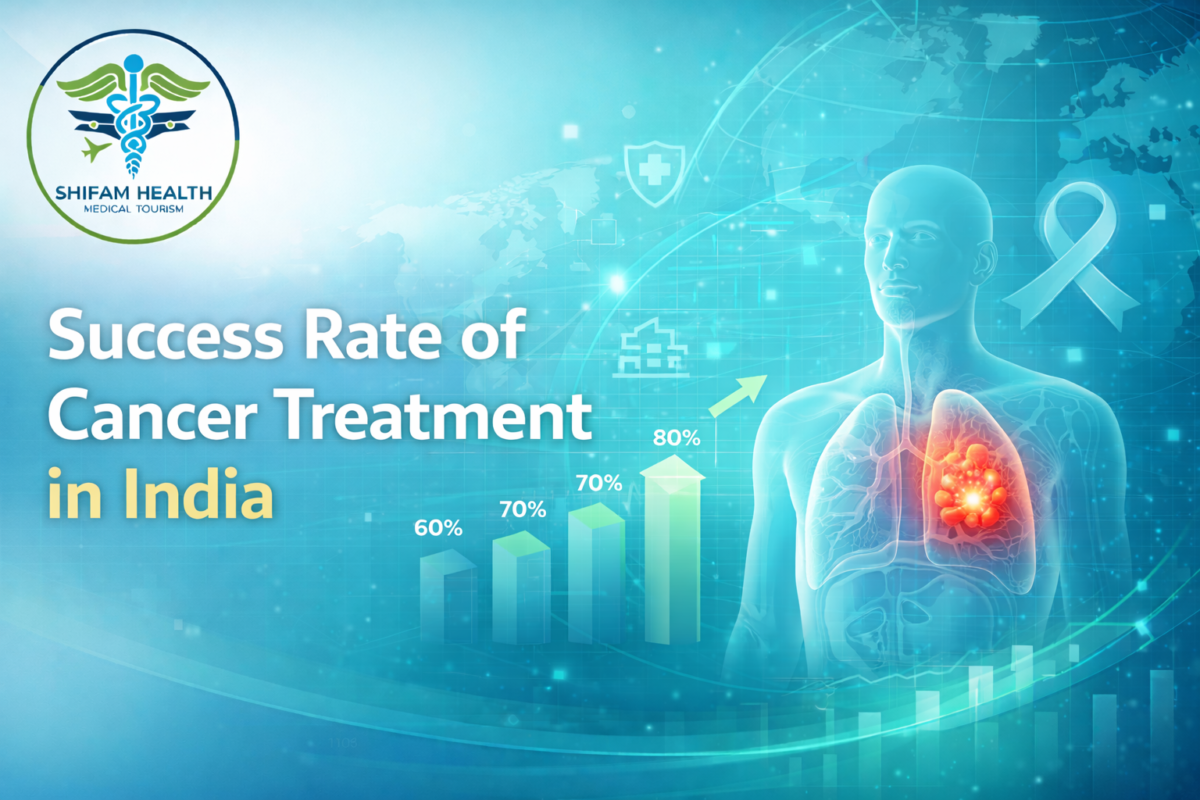 Medical infographic showing success rate of cancer treatment in India with growth chart and oncology illustration.
