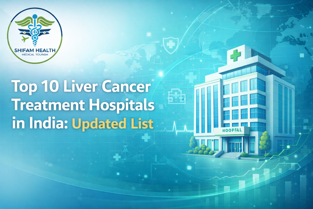 Modern hospital illustration representing top 10 liver cancer treatment hospitals in India updated list guide.