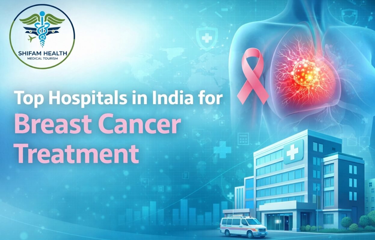 Medical illustration of breast cancer awareness ribbon and modern hospital representing top hospitals in India for breast cancer treatment.