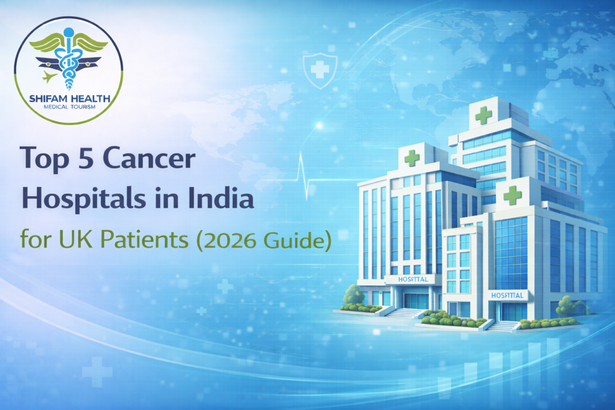 Modern hospital illustration representing top cancer hospitals in India for UK patients seeking treatment abroad.