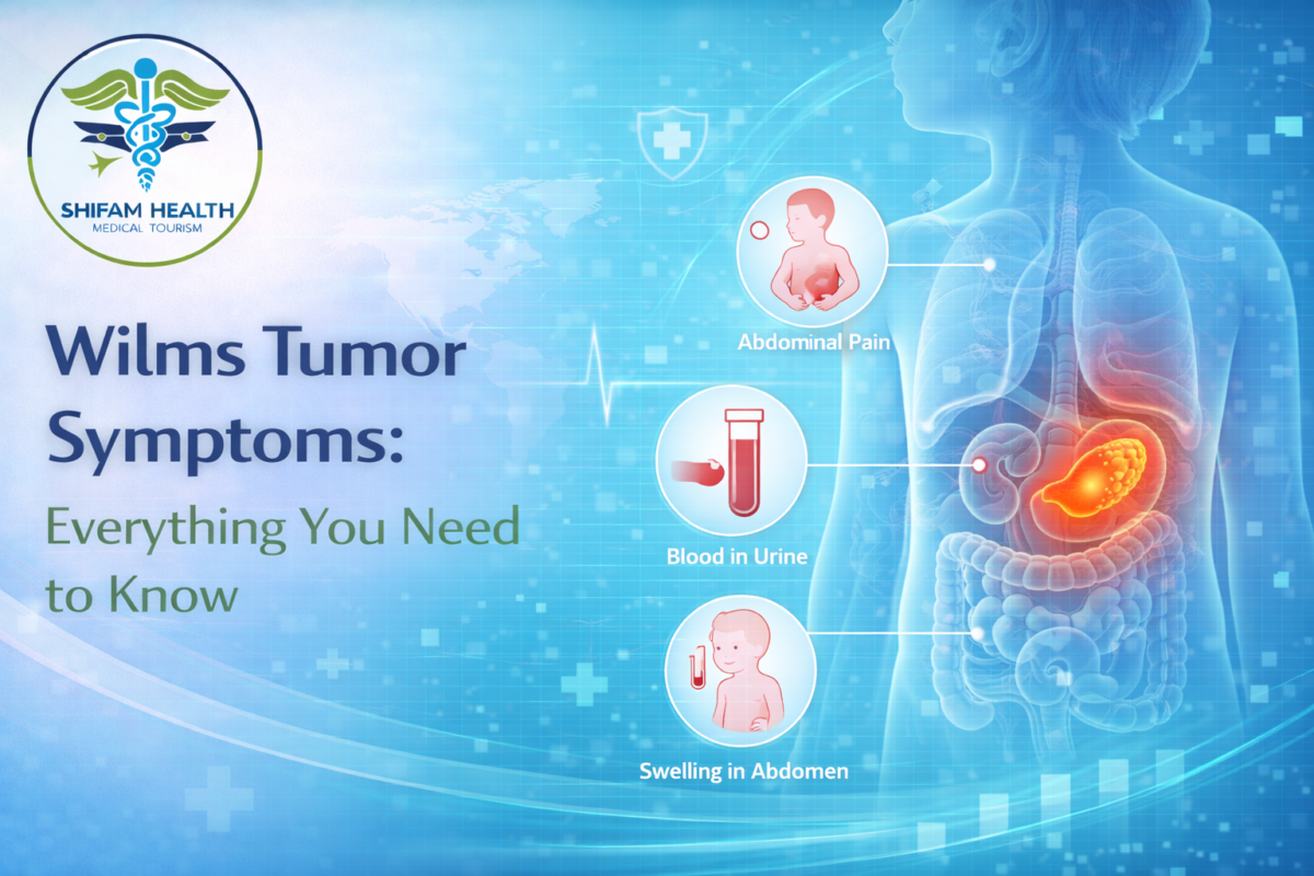 Medical illustration showing Wilms tumor in a child’s kidney with common symptoms highlighted.